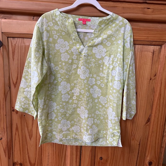 Peter‎ Millar Golf Blouse Tunic 100% Cotton 3/4 Sleeve Green White Floral Medium - Picture 1 of 6